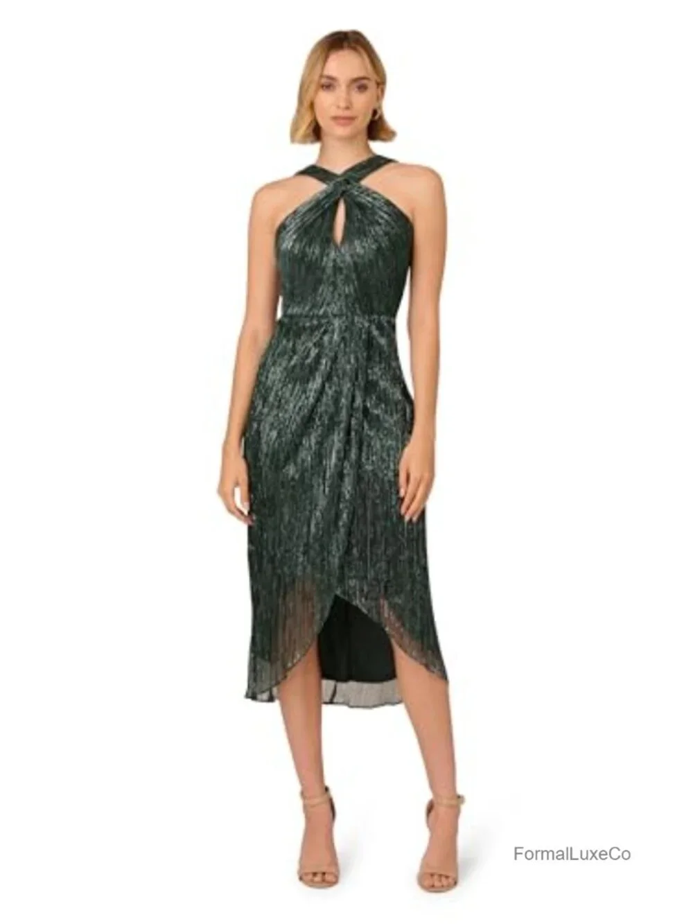 Halter Crinkle Metallic Midi Dress Formal Evening Sequin